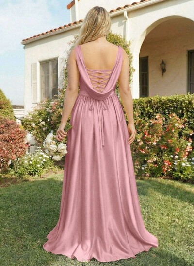 A-Line Cowl Neck Sweep Train Sleeveless Satin Bridesmaid Dress With Split Front