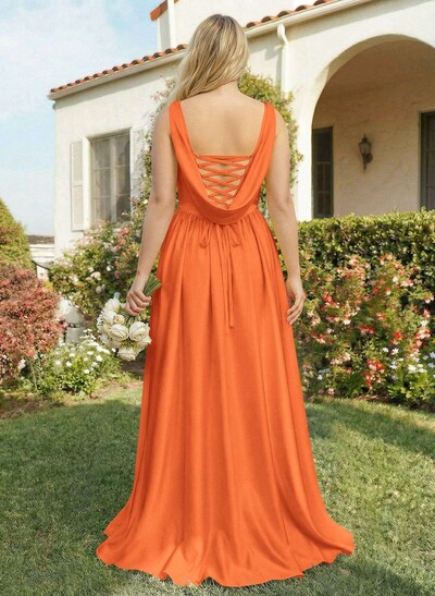 A-Line Cowl Neck Sweep Train Sleeveless Satin Bridesmaid Dress With Split Front