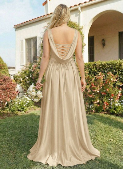 A-Line Cowl Neck Sweep Train Sleeveless Satin Bridesmaid Dress With Split Front