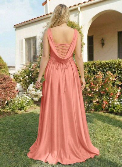 A-Line Cowl Neck Sweep Train Sleeveless Satin Bridesmaid Dress With Split Front