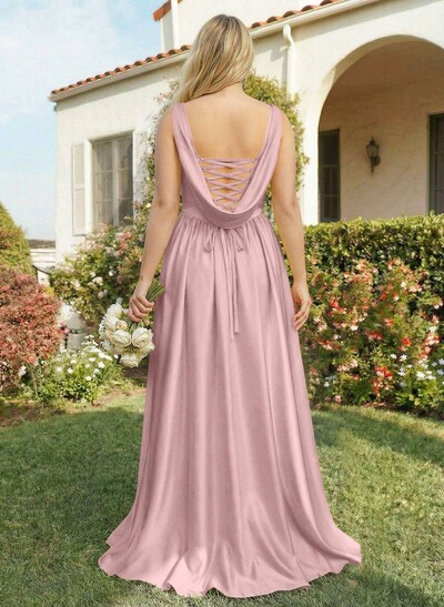 A-Line Cowl Neck Sweep Train Sleeveless Satin Bridesmaid Dress With Split Front