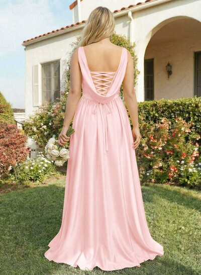 A-Line Cowl Neck Sweep Train Sleeveless Satin Bridesmaid Dress With Split Front