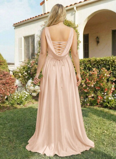 A-Line Cowl Neck Sweep Train Sleeveless Satin Bridesmaid Dress With Split Front