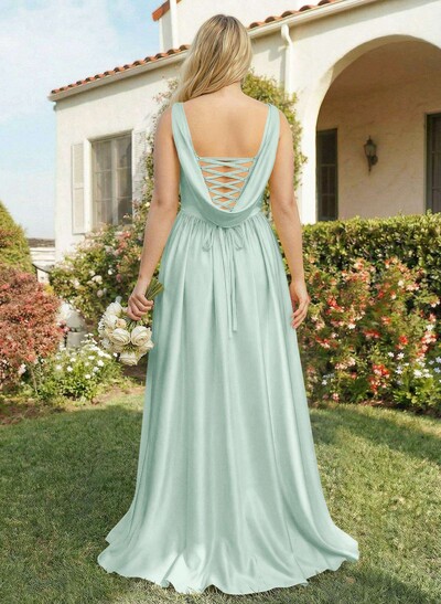 A-Line Cowl Neck Sweep Train Sleeveless Satin Bridesmaid Dress With Split Front