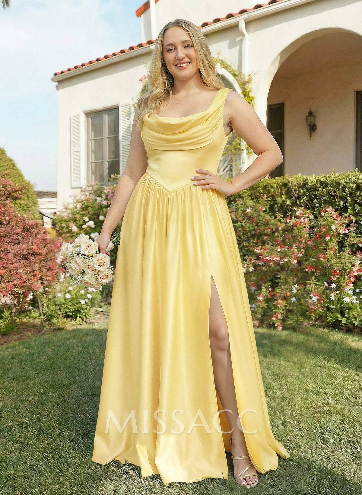 A-Line Cowl Neck Sweep Train Sleeveless Satin Bridesmaid Dress With Split Front A-Line Cowl Neck Sweep Train Sleeveless Satin Bridesmaid Dress With Split Front