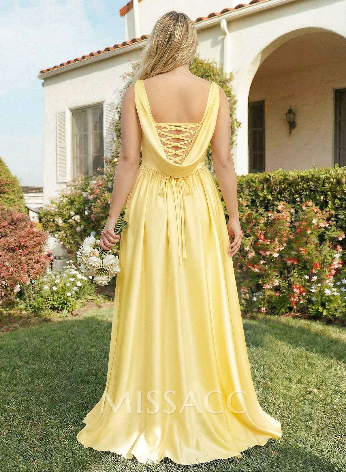 A-Line Cowl Neck Sweep Train Sleeveless Satin Bridesmaid Dress With Split Front A-Line Cowl Neck Sweep Train Sleeveless Satin Bridesmaid Dress With Split Front