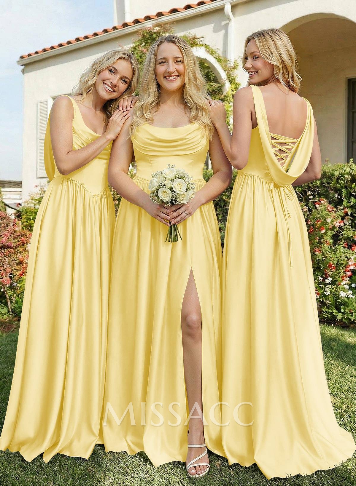 A-Line Cowl Neck Sweep Train Sleeveless Satin Bridesmaid Dress With Split Front A-Line Cowl Neck Sweep Train Sleeveless Satin Bridesmaid Dress With Split Front
