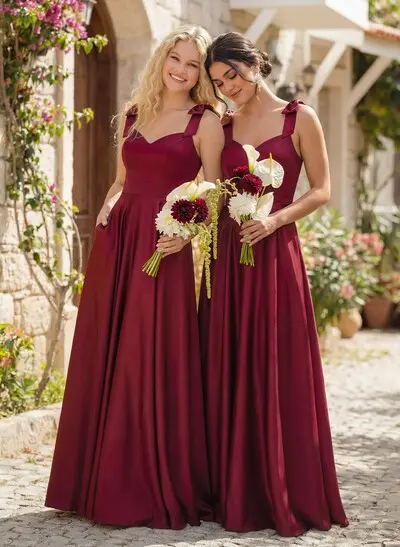 Floor-Length A-Line V-Neck Sleeveless Satin Bridesmaid Dress With Bow And Pocket