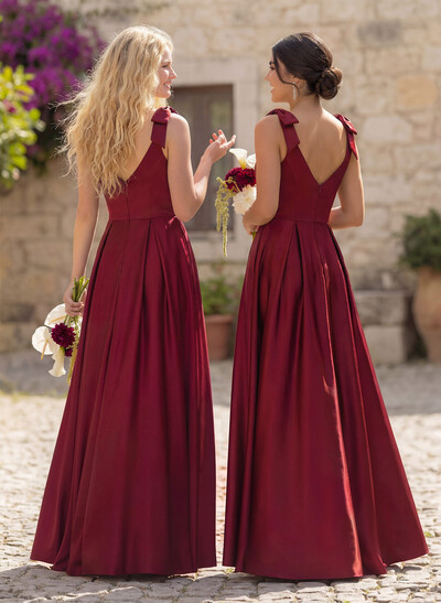 Floor-Length A-Line V-Neck Sleeveless Satin Bridesmaid Dress With Bow And Pocket