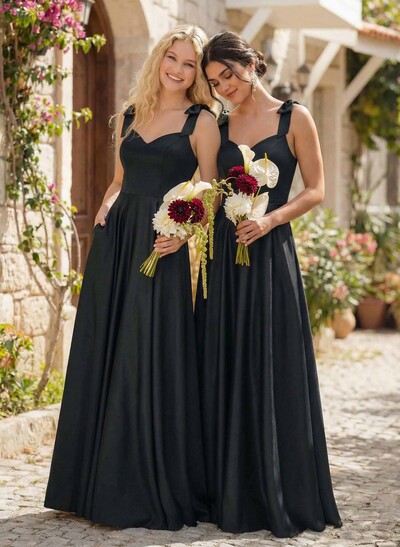 Floor-Length A-Line V-Neck Sleeveless Satin Bridesmaid Dress With Bow And Pocket