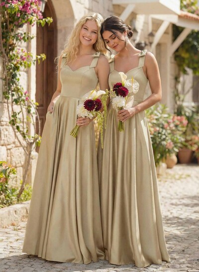 Floor-Length A-Line V-Neck Sleeveless Satin Bridesmaid Dress With Bow And Pocket