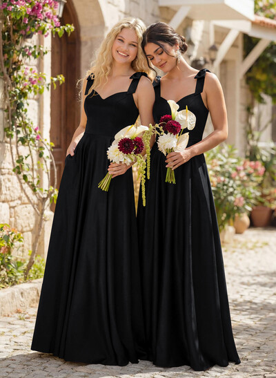 Floor-Length A-Line V-Neck Sleeveless Satin Bridesmaid Dress With Bow And Pocket