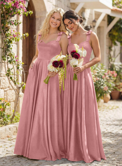 Floor-Length A-Line V-Neck Sleeveless Satin Bridesmaid Dress With Bow And Pocket