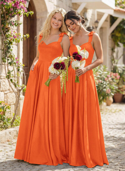 Floor-Length A-Line V-Neck Sleeveless Satin Bridesmaid Dress With Bow And Pocket