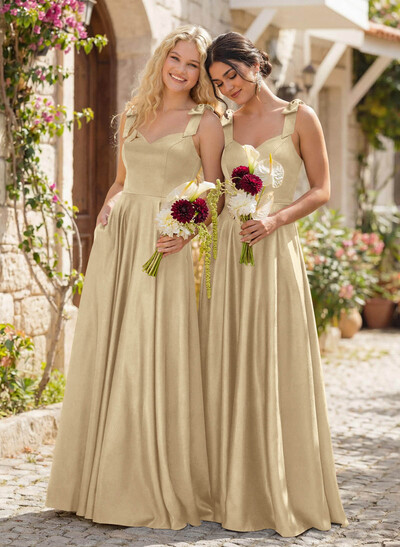 Floor-Length A-Line V-Neck Sleeveless Satin Bridesmaid Dress With Bow And Pocket