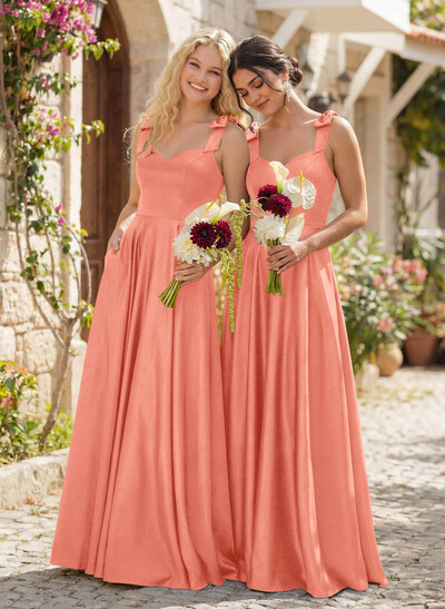 Floor-Length A-Line V-Neck Sleeveless Satin Bridesmaid Dress With Bow And Pocket