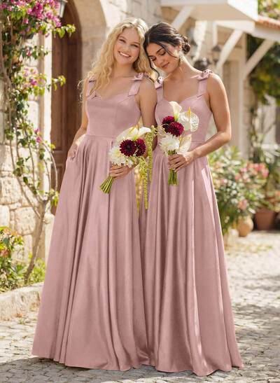 Floor-Length A-Line V-Neck Sleeveless Satin Bridesmaid Dress With Bow And Pocket
