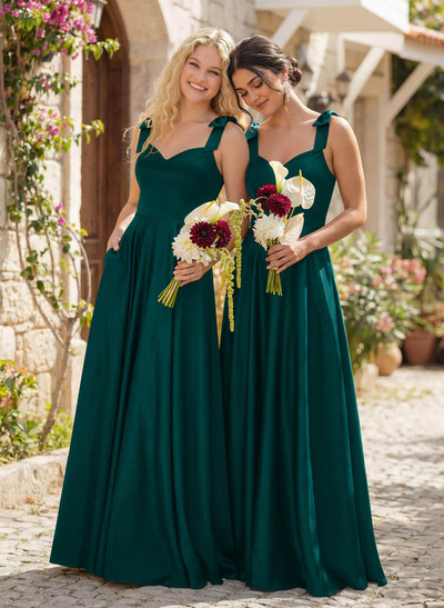 Floor-Length A-Line V-Neck Sleeveless Satin Bridesmaid Dress With Bow And Pocket