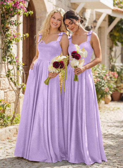 Floor-Length A-Line V-Neck Sleeveless Satin Bridesmaid Dress With Bow And Pocket