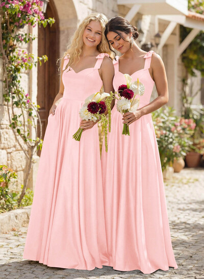 Floor-Length A-Line V-Neck Sleeveless Satin Bridesmaid Dress With Bow And Pocket