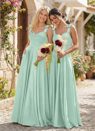 Floor-Length A-Line V-Neck Sleeveless Satin Bridesmaid Dress With Bow And Pocket