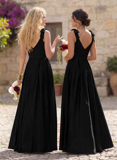 Floor-Length A-Line V-Neck Sleeveless Satin Bridesmaid Dress With Bow And Pocket