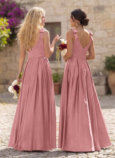 Floor-Length A-Line V-Neck Sleeveless Satin Bridesmaid Dress With Bow And Pocket