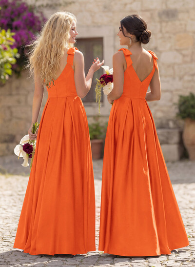Floor-Length A-Line V-Neck Sleeveless Satin Bridesmaid Dress With Bow And Pocket
