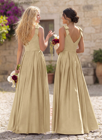 Floor-Length A-Line V-Neck Sleeveless Satin Bridesmaid Dress With Bow And Pocket
