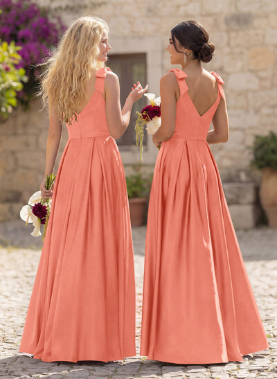 Floor-Length A-Line V-Neck Sleeveless Satin Bridesmaid Dress With Bow And Pocket