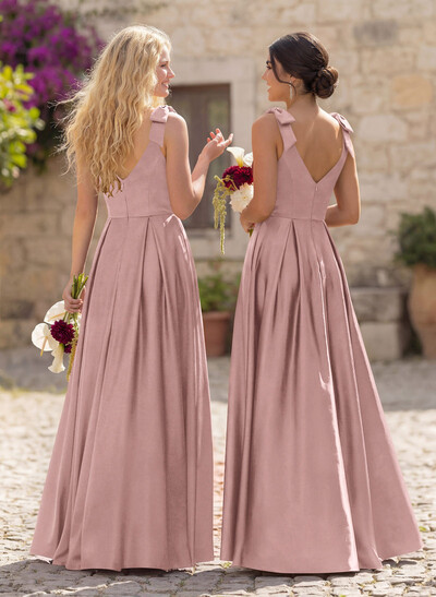 Floor-Length A-Line V-Neck Sleeveless Satin Bridesmaid Dress With Bow And Pocket