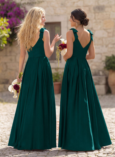 Floor-Length A-Line V-Neck Sleeveless Satin Bridesmaid Dress With Bow And Pocket