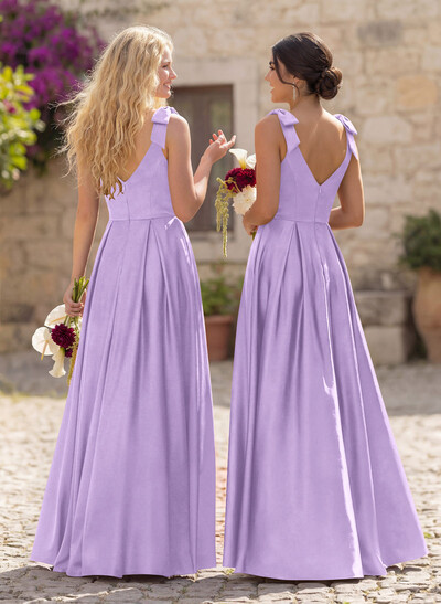 Floor-Length A-Line V-Neck Sleeveless Satin Bridesmaid Dress With Bow And Pocket