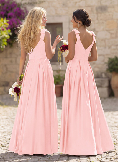 Floor-Length A-Line V-Neck Sleeveless Satin Bridesmaid Dress With Bow And Pocket
