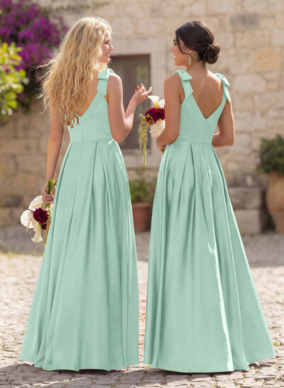 Floor-Length A-Line V-Neck Sleeveless Satin Bridesmaid Dress With Bow And Pocket