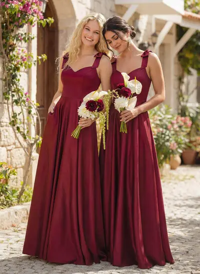 Floor-Length A-Line V-Neck Sleeveless Satin Bridesmaid Dress With Bow And Pocket