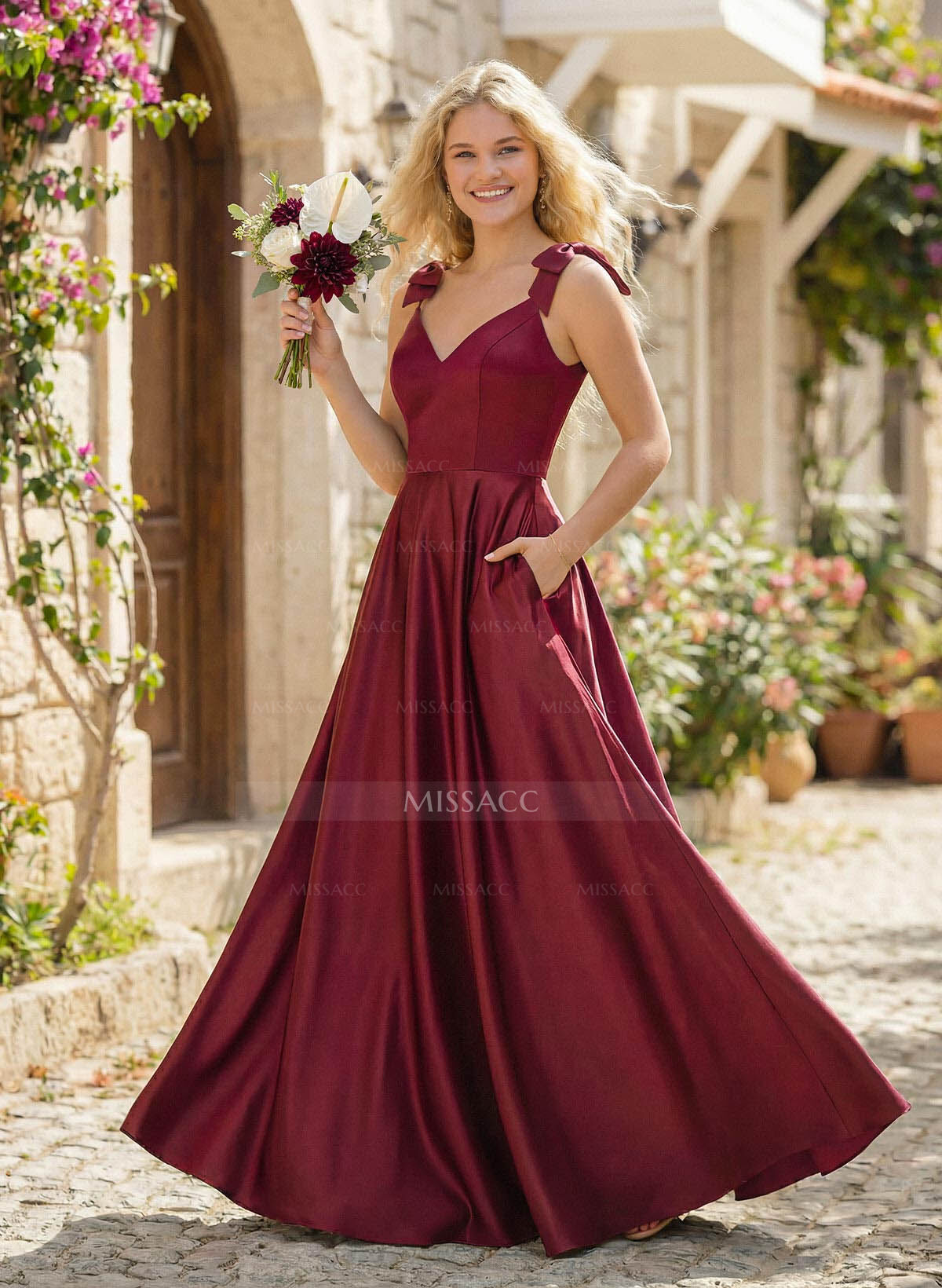 Floor-Length A-Line V-Neck Sleeveless Satin Bridesmaid Dress With Bow And Pocket