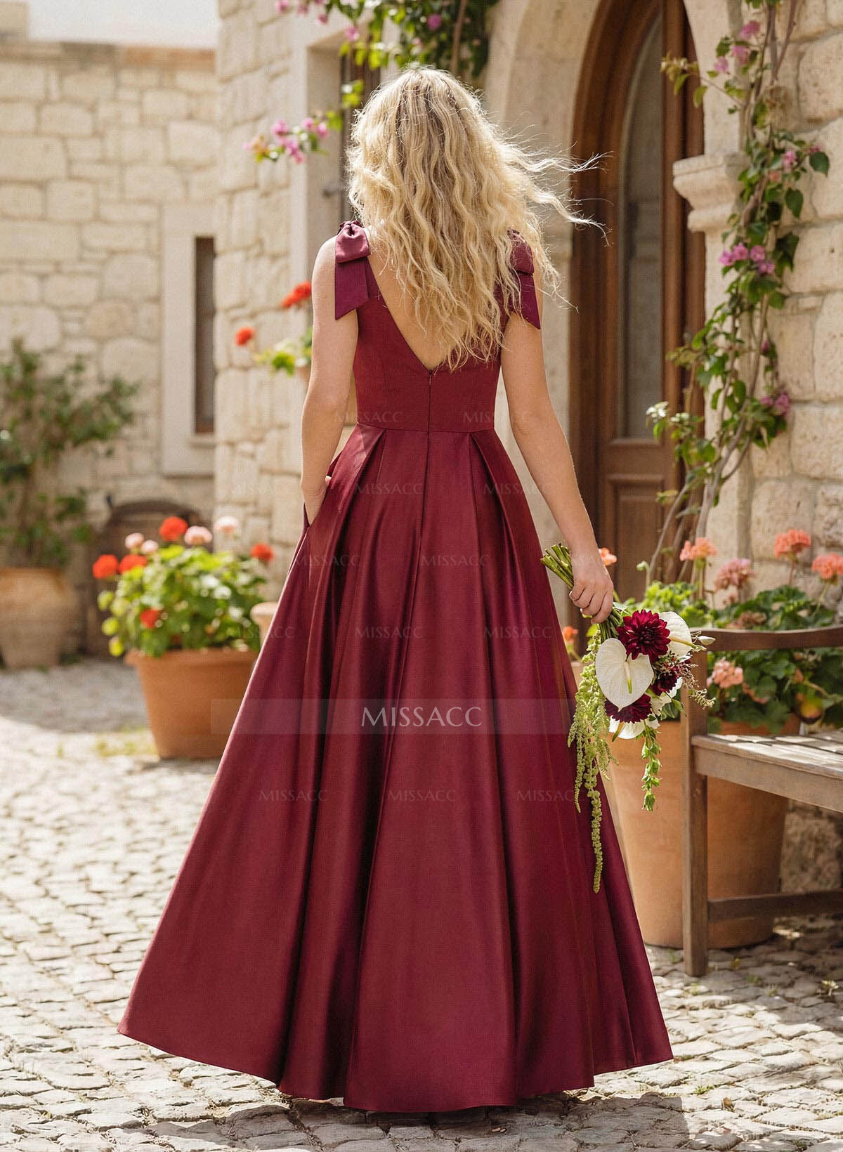 Floor-Length A-Line V-Neck Sleeveless Satin Bridesmaid Dress With Bow And Pocket