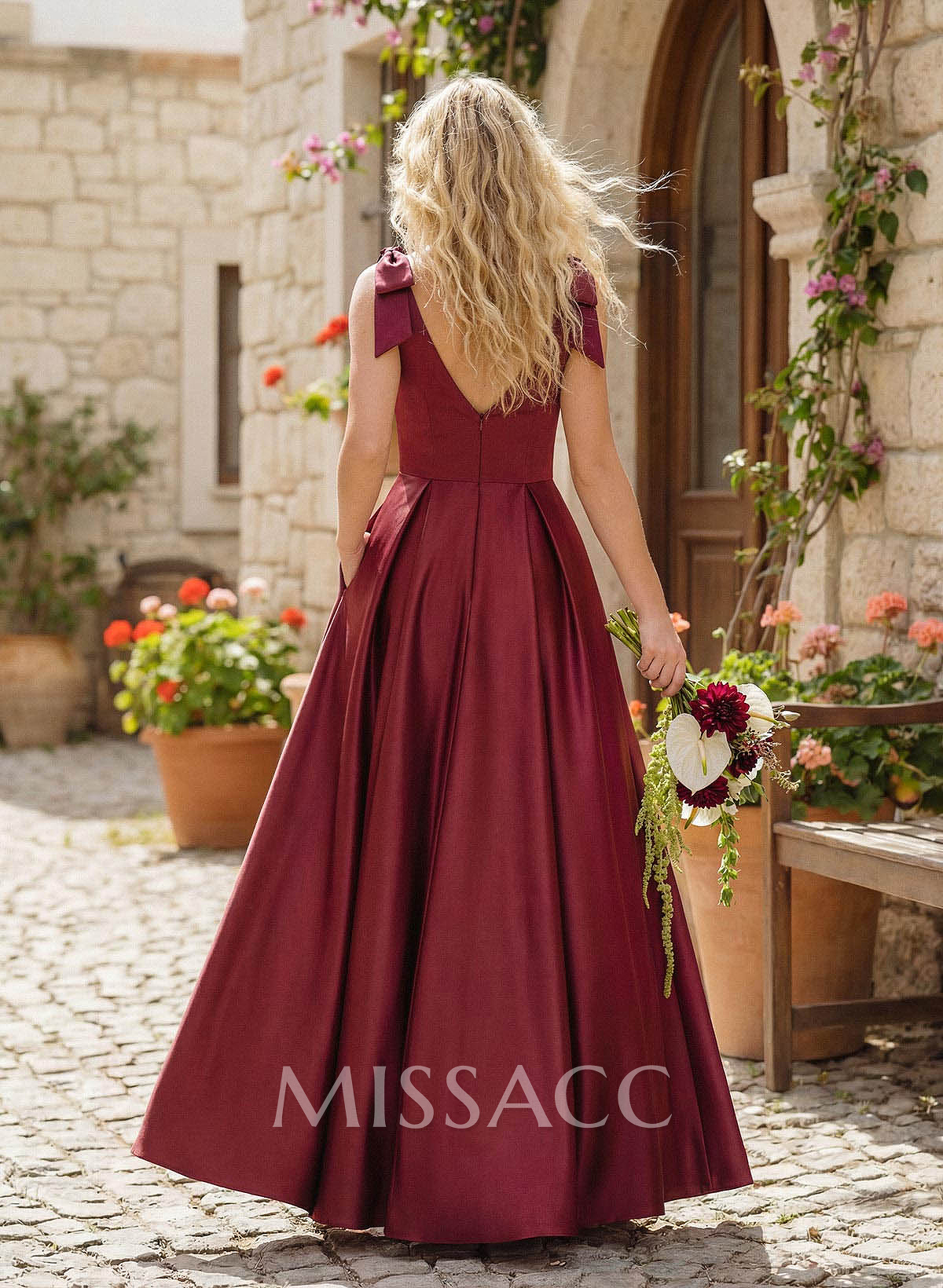 Floor-Length A-Line V-Neck Sleeveless Satin Bridesmaid Dress With Bow And Pocket