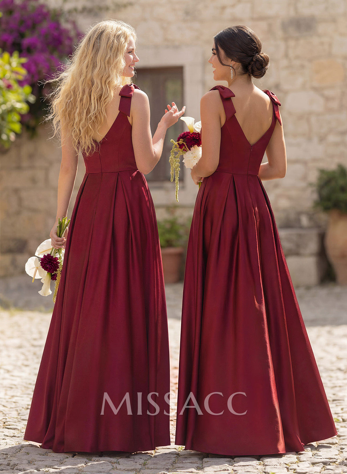Floor-Length A-Line V-Neck Sleeveless Satin Bridesmaid Dress With Bow And Pocket
