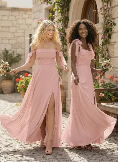 A-Line Square Neckline Sleeveless Floor-Length Chiffon Bridesmaid Dress With Split Front