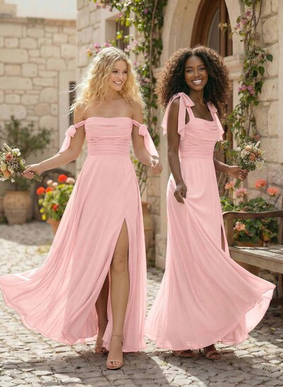 A-Line Square Neckline Sleeveless Floor-Length Chiffon Bridesmaid Dress With Split Front