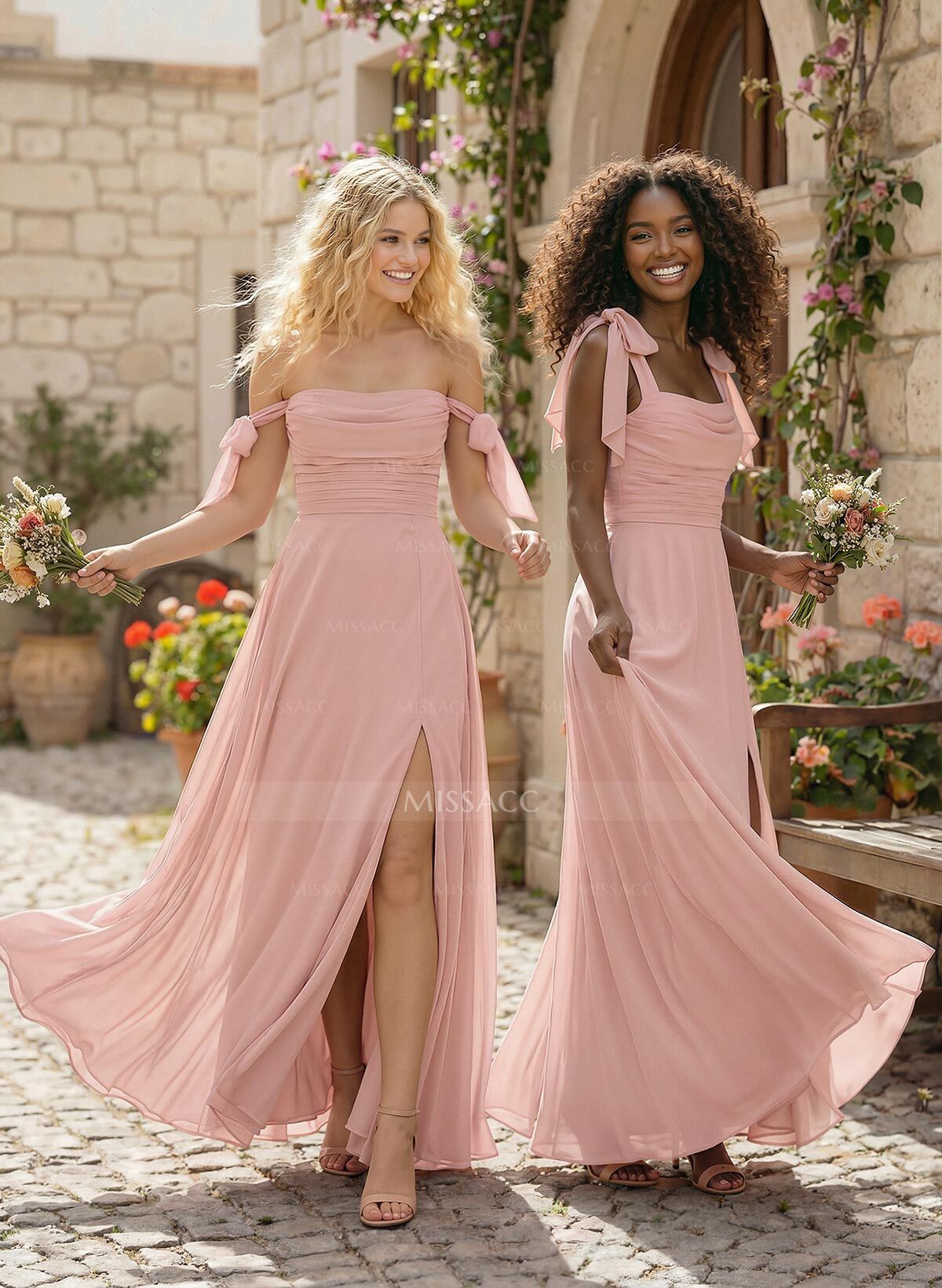 A-Line Square Neckline Sleeveless Floor-Length Chiffon Bridesmaid Dress With Split Front