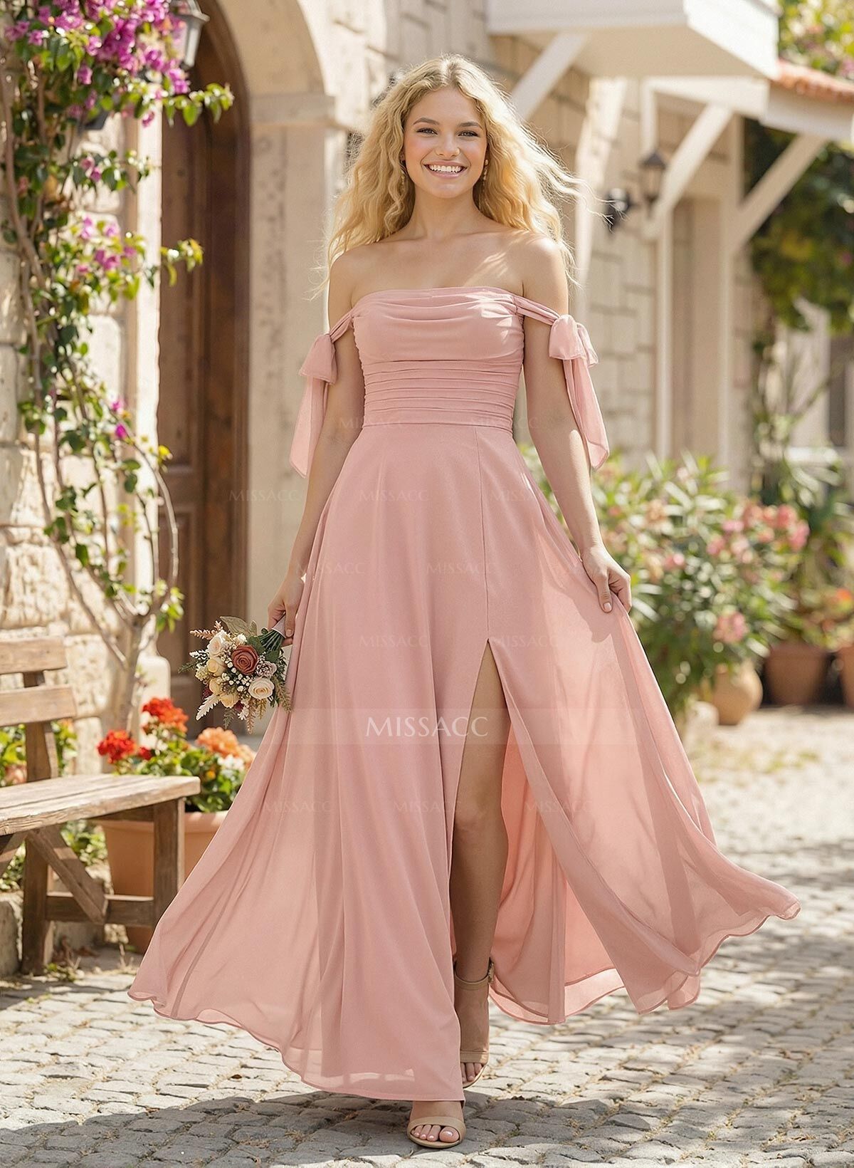 A-Line Square Neckline Sleeveless Floor-Length Chiffon Bridesmaid Dress With Split Front