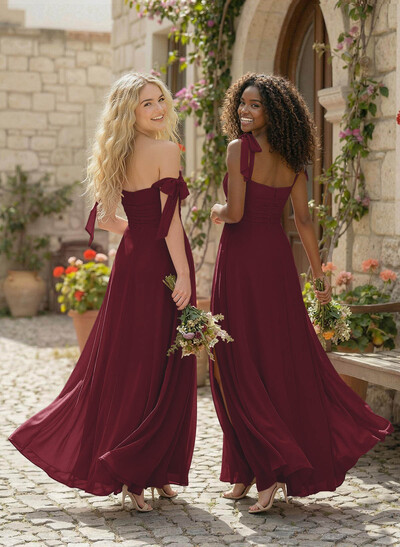 A-Line Square Neckline Sleeveless Floor-Length Chiffon Bridesmaid Dress With Split Front