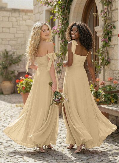 A-Line Square Neckline Sleeveless Floor-Length Chiffon Bridesmaid Dress With Split Front