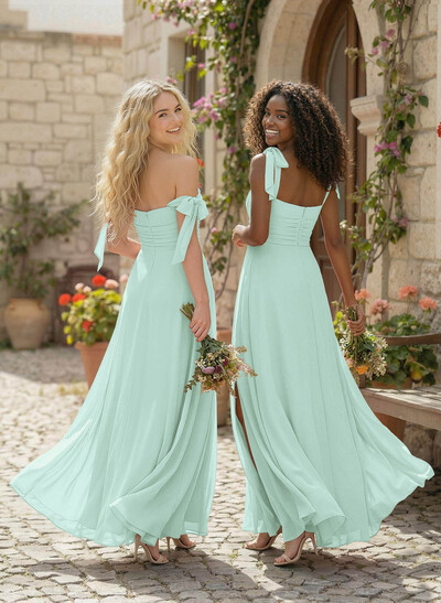 A-Line Square Neckline Sleeveless Floor-Length Chiffon Bridesmaid Dress With Split Front