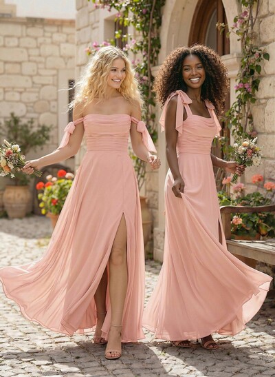 A-Line Square Neckline Sleeveless Floor-Length Chiffon Bridesmaid Dress With Split Front