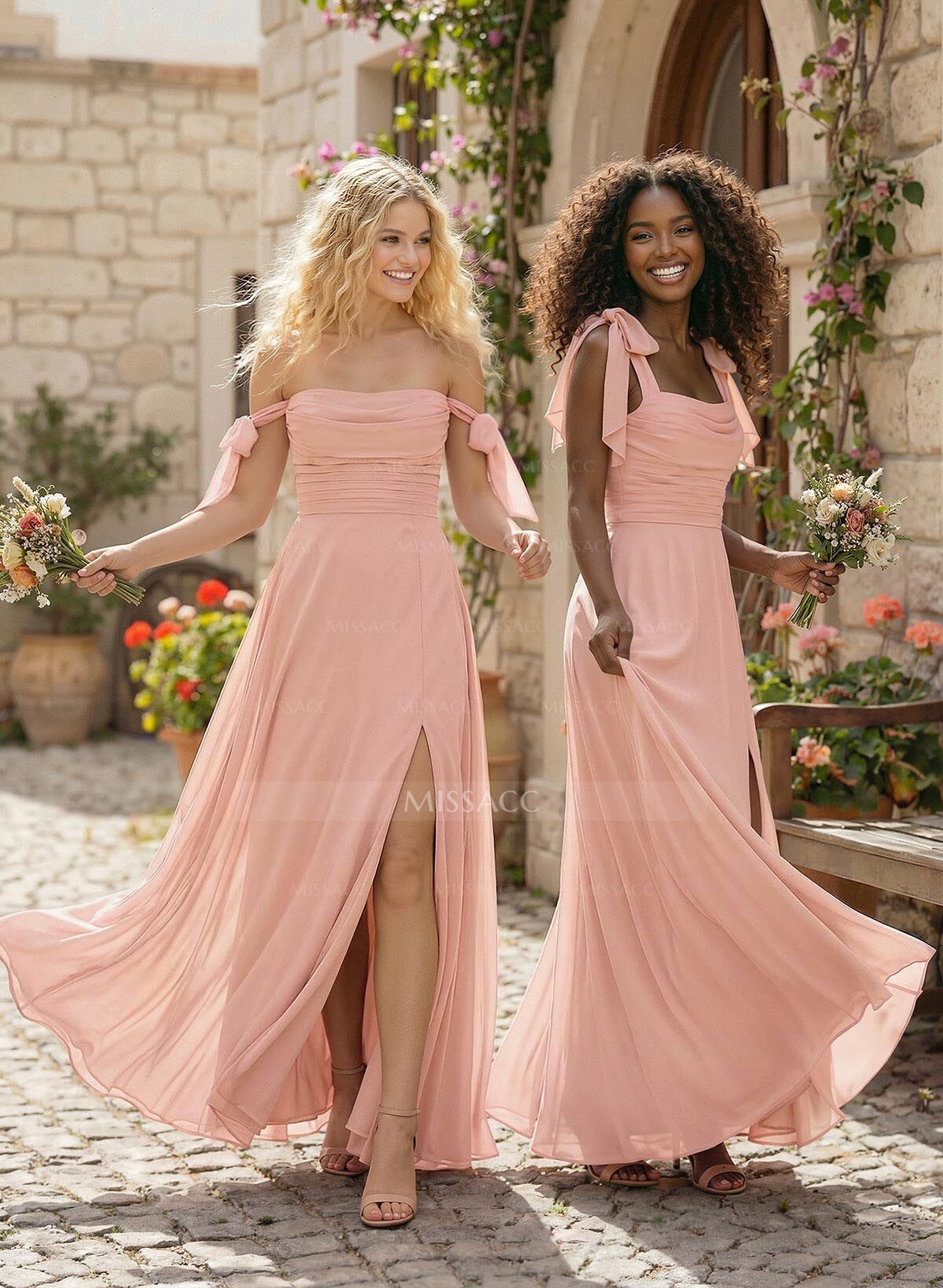 A-Line Square Neckline Sleeveless Floor-Length Chiffon Bridesmaid Dress With Split Front