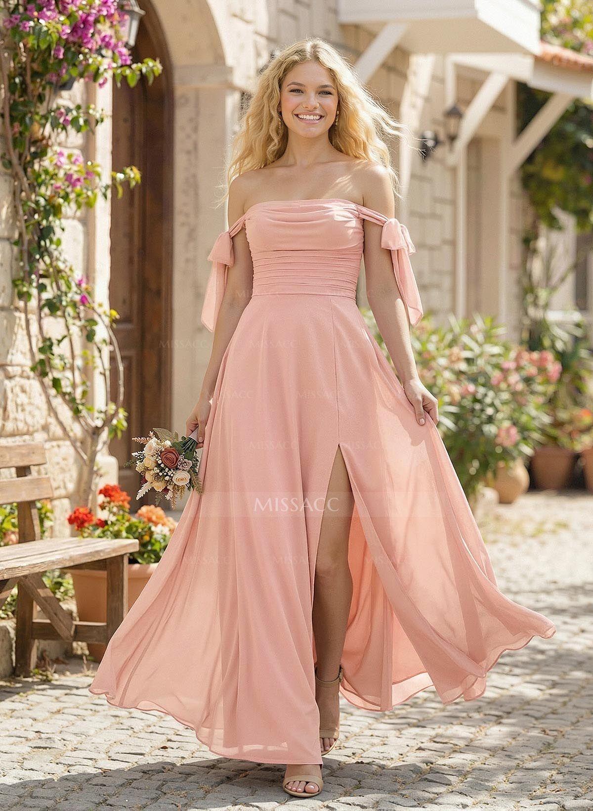 A-Line Square Neckline Sleeveless Floor-Length Chiffon Bridesmaid Dress With Split Front